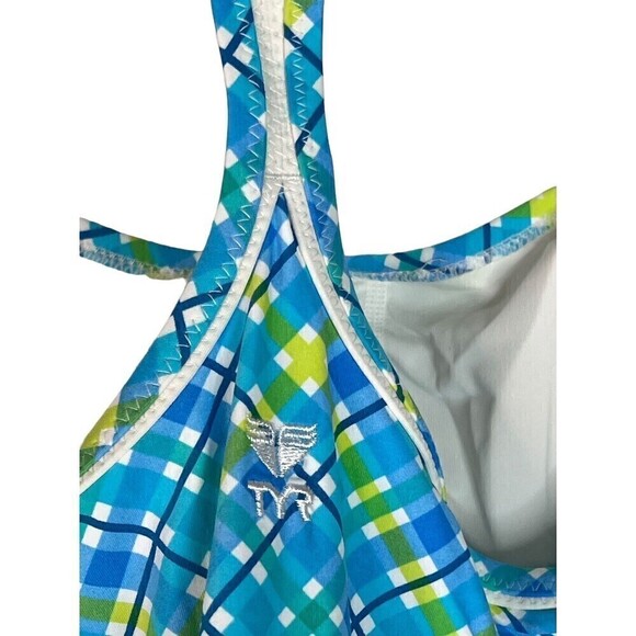 NWT TYR Women's Phoenix Blue Plaid Tankini Built in Bra Swimsuit Gym Top Size 8 - Picture 5 of 10